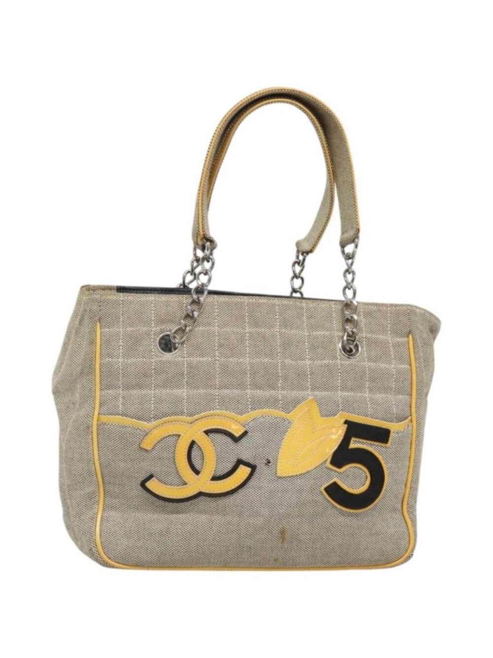 CHANEL Choco Bar Tote Bag Canvas Beige Yellow CC